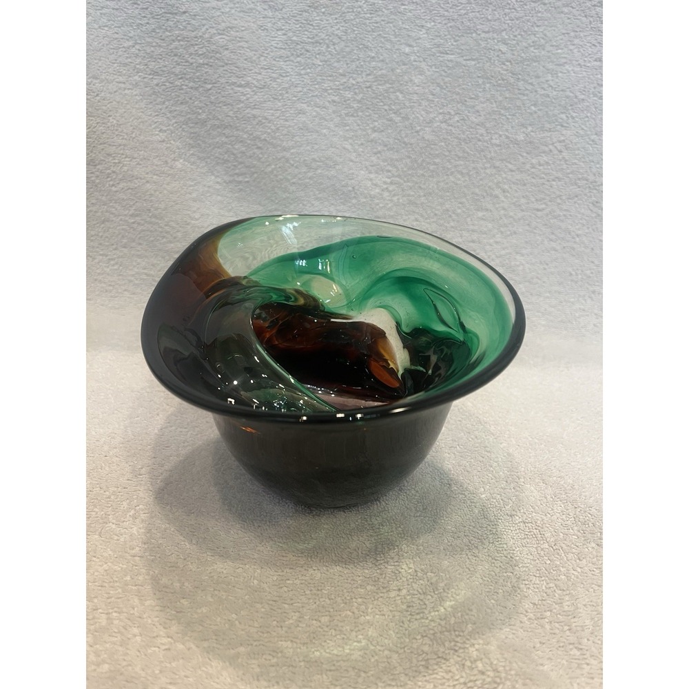 Swirled Studio Art Glass Bowl‎ Green Purple Brown Hand Made  7" Diameter